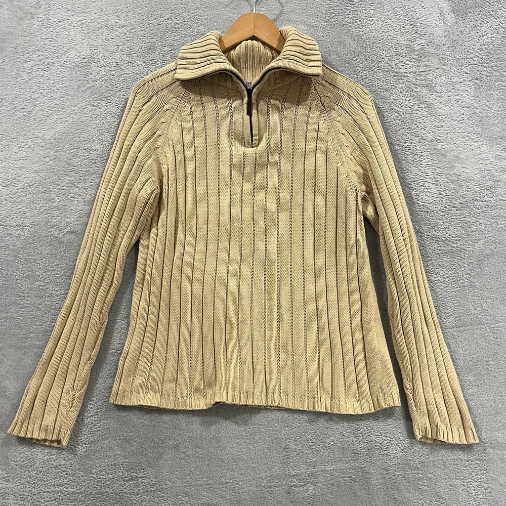 Carolyn Taylor Essentials Sweater Womens Large Beige Rib Tight Knit Quarter Zip